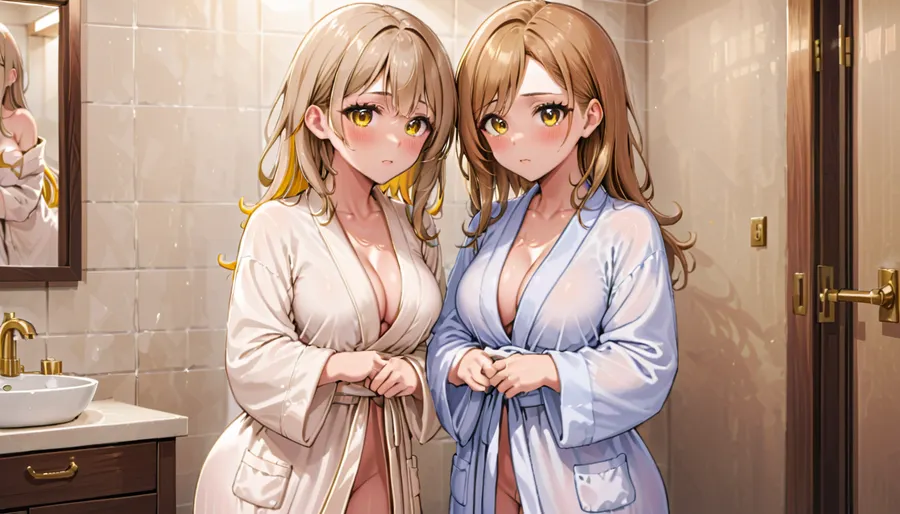 Shy girl next door with perfect huge tits. Long light brown hair with golden highlights. Wearing white bathrobe, view to the front