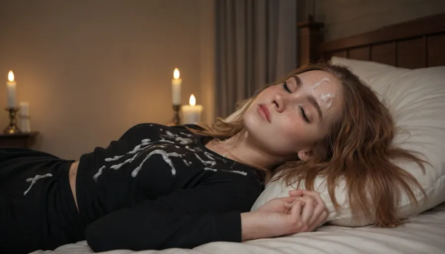 (Backround, dark bedroom, night, candlelight is the only light source, fiew from side), (35 year old female, closed eyes, closed mouth, lays on bed, black pajama, head on soft pillow, hands under pillow), (details skin texture:1.6), (open hair:1.8), (ginger hair color:.7), (freckles:1.6), (fair skin color:1.3), (tanlines:.3), (small breasts size:1.4), (narrow waist:1.6), (wide hips:1.7), (cum on body:1.7), (cum on clothes:1.8), (cum on hair:1.8)