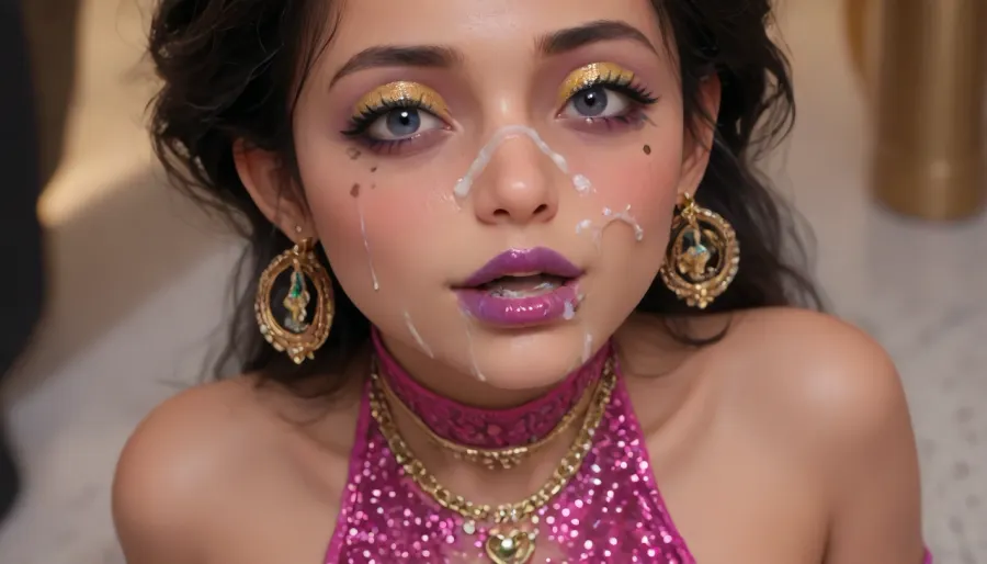 (high-quality facial detail:1.3), Indian sexy beautiful girl, (blue eyes:1.3), ((bimbo makeup, intense saturated glossy purple lipstick:1.2)), (Indian face:1.9), ((makeup:1.8), long blue eyelashes, olive eyeshadow with glitter), (lips:1.2), open mouth, saliva, in a transparent tight-fitting sequined dress, (pink-purple areoles are visible, nipples with piercings), an exquisite necklace and gold bracelets, (purple anus stretched around dildo), mid ejaculation, (penetration), she has long hair tied up in a bun, (purple pussy:1.7), nipple ringsnipple, (purple puffy anus:1.5), nipple ringsnipple rings, pussy view, slit pussy, slender long legs with a high waist, fishnet stockings, green stilettos, seductive grins, dark skin., (cum in mouth:1.3), (heavy pussy piercing:1.7), There is a lot of cum on the pubic area of the anus, lactation, sprayingmilk, Aesthetic, Nail, GapingAssholesAllFourQuiron, pose, all, fours, from, behind, spread, ass, <lora:lactation_XL_0_:1.6>, <lora:Aesthetic_Nails:1.4>, <lora:SDXL1.0_quiron_GapingAssholesAllFour_v5.1p_Lora:2>