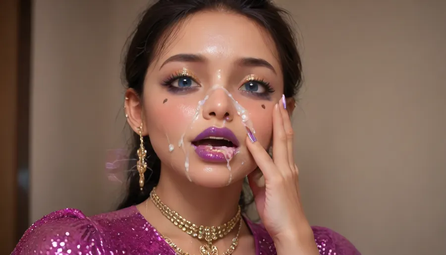 (high-quality facial detail:1.3), Indian sexy beautiful girl, (blue eyes:1.3), ((bimbo makeup, intense saturated glossy purple lipstick:1.2)), (Indian face:1.9), ((makeup:1.8), long blue eyelashes, olive eyeshadow with glitter), (lips:1.2), open mouth, saliva, in a transparent tight-fitting sequined dress, (pink-purple areoles are visible, nipples with piercings), an exquisite necklace and gold bracelets, (purple anus stretched around dildo), mid ejaculation, (penetration), she has long hair tied up in a bun, (purple pussy:1.7), nipple ringsnipple, (purple puffy anus:1.5), nipple ringsnipple rings, pussy view, slit pussy, slender long legs with a high waist, fishnet stockings, green stilettos, seductive grins, dark skin., (cum in mouth:1.3), (heavy pussy piercing:1.7), There is a lot of cum on the pubic area of the anus, lactation, sprayingmilk, Aesthetic, Nail, Teletubbies1024, <lora:lactation_XL_0_:1.6>, <lora:Aesthetic_Nails:1.4>, <lora:Teletubbies1024:2>