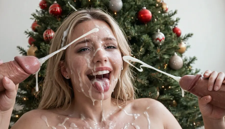 close up of a huge 19 inch thick white dick, masturbating, (ejaculation:1.7), cumshot into the wide open mouth of a mature curvy woman with long blonde messy hair, (milf:1.1), happy, horny, sadistic grim, smiling, tongue sticking out, excessive cum dripping from tongue, white room with a christmas tree, white background, (Cum details), realistic cum, Prominent cum, (white cum:1.7), cum on, (Cum flows:1.2), (cum on body:1.3), cum on head, (cum on face:1.3), bukkake, ((body covered with semen)), cum, face, Face covered in cum, (A lot of cum:1.5), <lora:JustCum:.7>, <lora:cum_in_eye_deepmind:.8>