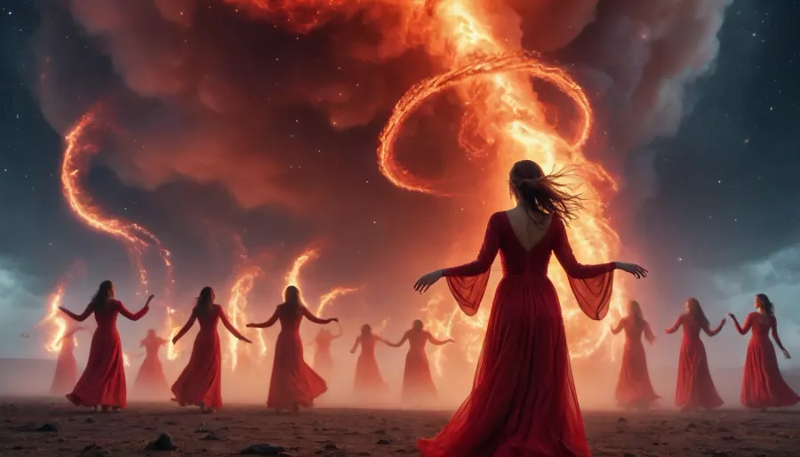 light connection between many of galaxies, red women ghost dancing between them fire tornado from sky