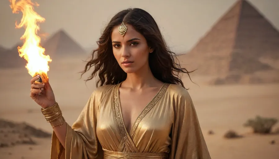 gegyptian women praist in ancient robe, gold lingery in deep desert, fire storm on horizont