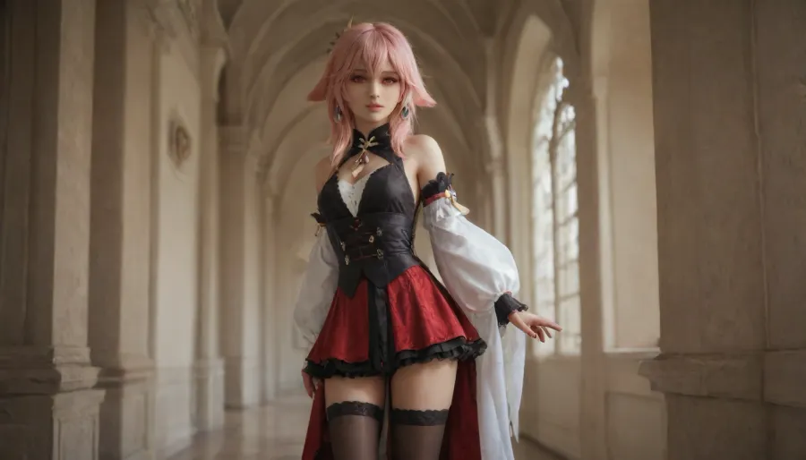 21 years old, 8K, solo, red eyes, fox, ears, five fingers, perfect fingers, pink hair, masterpiece of the highest quality, work of a true master, dress, skirt, stockings, unbuttoned sleeves, jewelry, black thigh-high stockings, Vision, leather, suit, Lynette, (Genshin, Impact), <lora:MIAOKA_Yae Miko_XL:.9>, <lora:tifa_re_sdxl_V1_01-000006:.9>