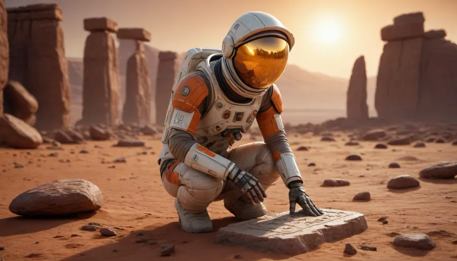 A female astroarchaeologist in spacesuit, brush sand off a broken stone tablet, alien hieroglyphs, equipment, Mars, alien Stonehenge in the background, harsh orange light, volumetric lighting, epic vista, cinematic, hyperdetailed, intricately detailed, unreal engine 5, 8k, photorealistic, trending on artstation, masterpiece