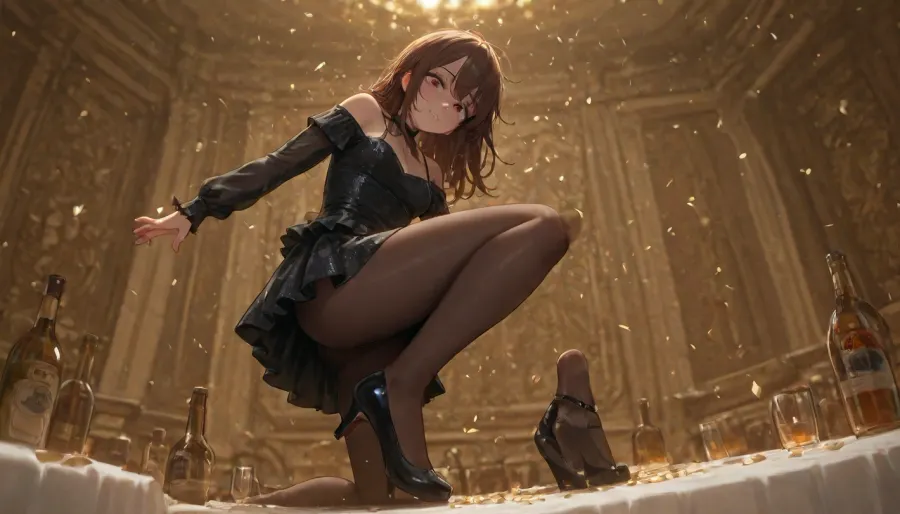 Pre christmas party, tight glitter dress, dark dress, young lady, heart shaped face, (small chin), scandinavian features, black mini dress, pantyhose, laquer high heels, (wasted), ((rowdy)), (dancing on table), (low angle), upskirt, confetti, empty glasses on table, bottles on table, white tablecloth, stained, slender, petite, small, glitter, (messy hair), movement, speed, horny, long sleeves, loose sleeved dress, detailed hands, detailed arms