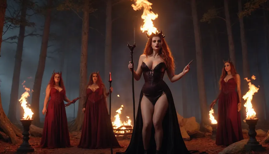 uber realistic image, fullcolor image, full body view, 8K quality, ultra detailed, masterpiece, coven, Beautiful queen witch have sex vith huge devil, in a luxory slutty black dress, with a low neckline, anorexic skinny, huge heavy very saggy breasts, very long wavy hair, lies on a stone altar in a satanic temple, a huge red skinned horner devil fucked a witch, the rest of the witches stand around with torches in their hands, night, bloody full moon, forest clearing, a fire burning in the background, sex, sex with devil, public sex, dark ritual, full body vision