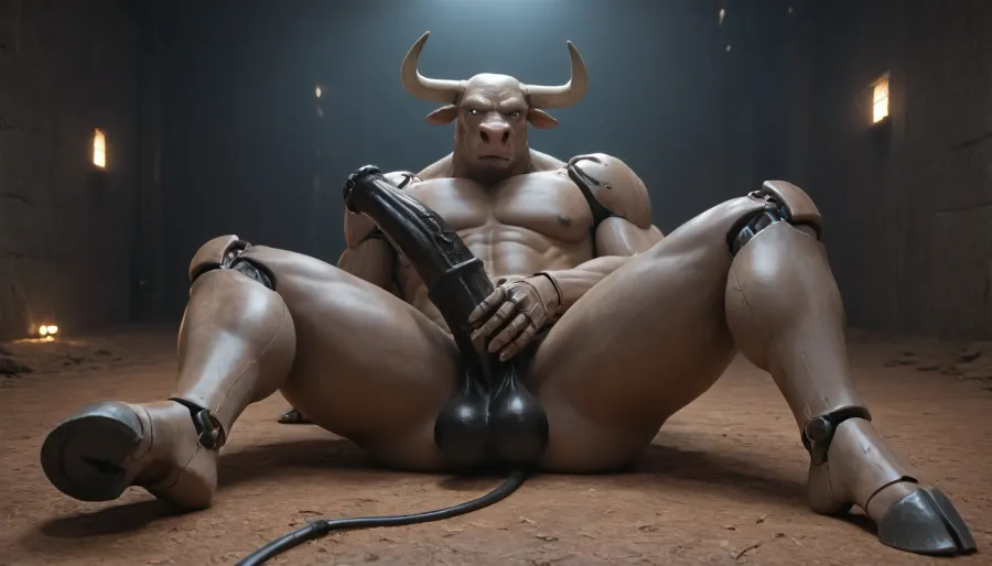 muscular male android, transparent robotic parts with glowing lights, mechanical body parts, guns in hand, fixed stare straight ahead, full body view. 1solo furry cyborgbull, solo, full body view, front view, full figured big anthro robot bull exposes its self, huge knotty cock, big ass, wide open asshole, hard erection, full exposed, hooves, horse phallus, horse penis, equine cock. Bovine android. Horns. Bulky. Flared cock. Bulky. Cow tail. Minotaur android. Cyborg Minotaur. Robot penis. Metal skin. Chrome plated. Exposed wires. Metal horns. Robot with a bull head. Mechanical body. Robot body. Cute cow face. Bovine head shape. Hooves. Metal body parts. Robot arms. Cybernetic implants. Glowing light in chest. Metal skin. Chrome skin. Robotic legs. Metal hooves. Sci-fi. Metal face. Glowing robot eyes. Mostly robotic. 25% flesh. Metal cock. Visible robo joints. Stroking his robocock. Cumming a black liquid, masturbation, orgasm, black cum, black semen. Hand on own penis. Black liquid coming out of cock. Erect cock. Lots of cum. Oversized balls. Laying down.