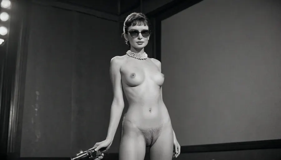 sensual naked woman, audrey hepburn, very hairy pube, natural breasts, old photo, black and white photo, grainy photo, full body view, freckles, mole, lightly smiling, holding .44 pistol, fully naked body, pearl choker, pearl earrings, sunglasses, legs spread wide, movie theater scenery, <lora:EnvyGothXL01:1.7>, <lora:Meru_Character_SDXL-000007:1.2>, <lora:Polaroidv2:1>, <lora:late night out_epoch_12:1.5>, <lora:Midjourney Image Enhancer XL v1:1.2>