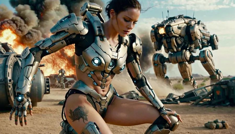 La femme était couverte de sueur et de saleté, sa tenue déchirée révélant ses cicatrices de combat. Malgré l'épuisement, elle s'est concentrée sur les robots mecha qui se battaient farouchement devant elle. Son expression transmettait épuisement et émotion alors qu'elle luttait contre un ennemi
