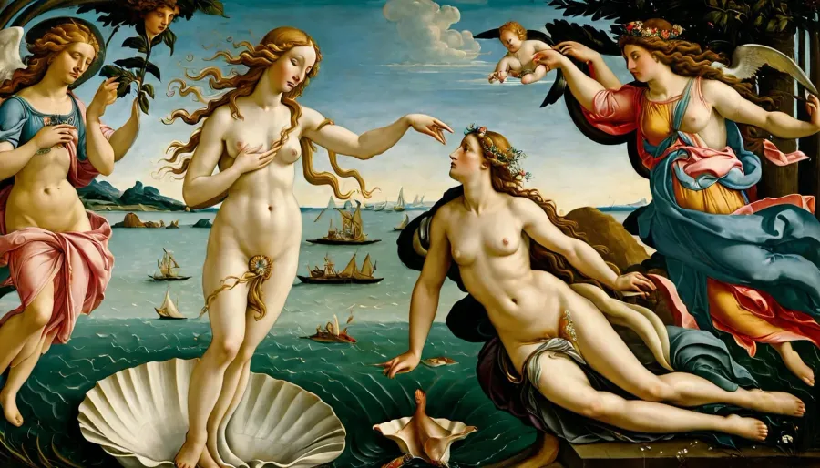 La peinture dépeint la célèbre peinture "La naissance de Vénus" de Sandro Botticelli, avec une haute résolution et l'élaboration détaillée des détails. La femme est peinte dans la coquille d'un cœur côtelé ou d'un pétoncle, poussé par le vent