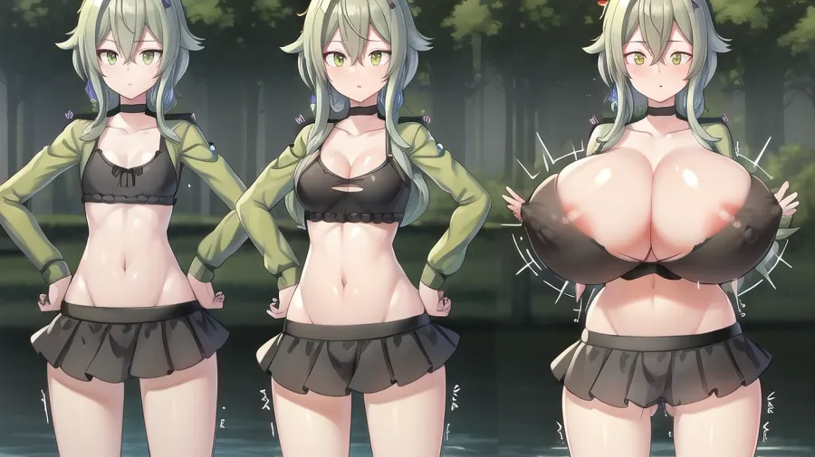 Una donna in cima di un raccolto e pantaloncini corti si trovava sulla spiaggia, fissando l'oceano. Improvvisamente, sentì una strana sensazione e guardò verso il basso per vedere il suo ornamento di capelli viola splendente. Si è gassata mentre vedeva la sua riflessione trasformarsi in una persona diversa