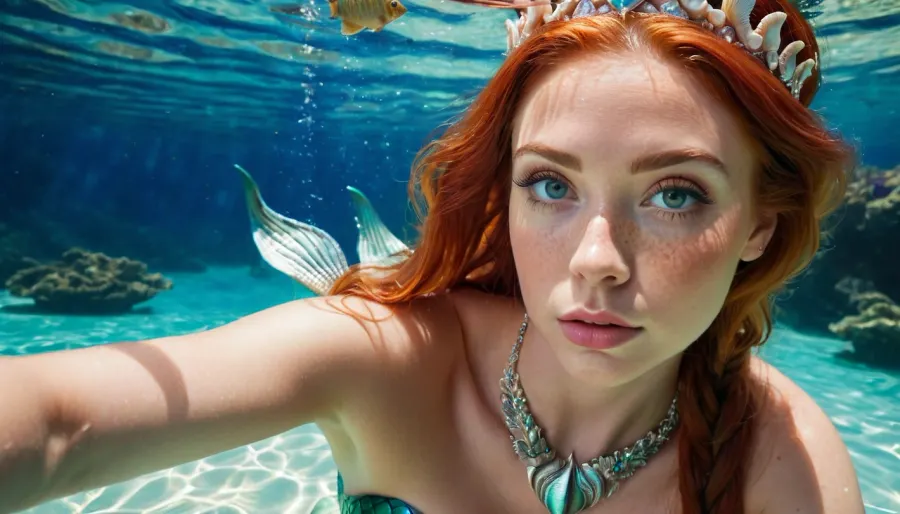 Una sirena con ojos brillantes y una cola mestiza hecha de algas
