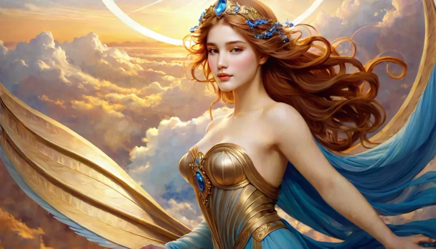Zyrri, la beauté céleste avec des cheveux coulants et une robe d'azur brillant, est capturée dans une image qui met en évidence sa présence éthérée parmi les nuages. Sa peau d'albâtre brille comme au clair de lune, et elle porte
